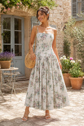 Warm Rose Printed Square Neck A-Line Cotton Midi Dress in Green