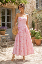 Warm Rose Printed Square Neck A-Line Cotton Midi Dress in Pink