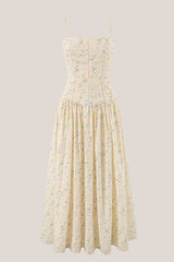Warm Rose Printed Square Neck A-Line Cotton Midi Dress in Yellow