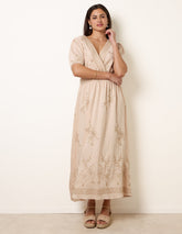 Wrap Front Metallic Embroidery Floral Dress