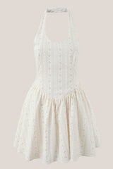 White Halter Vintage Rose Printed A-Line Mini Dress