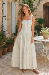 White Vintage Rose Printed A-Line Cotton Midi Dress