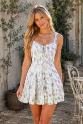 White Vintage Rose Printed A-Line Cotton Mini Dress