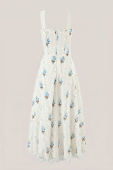 White Warm Rose Print Cotton Ruffled Midi Dress