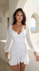Nerano Lace Ruffle Asymmetric Mini Dress - White