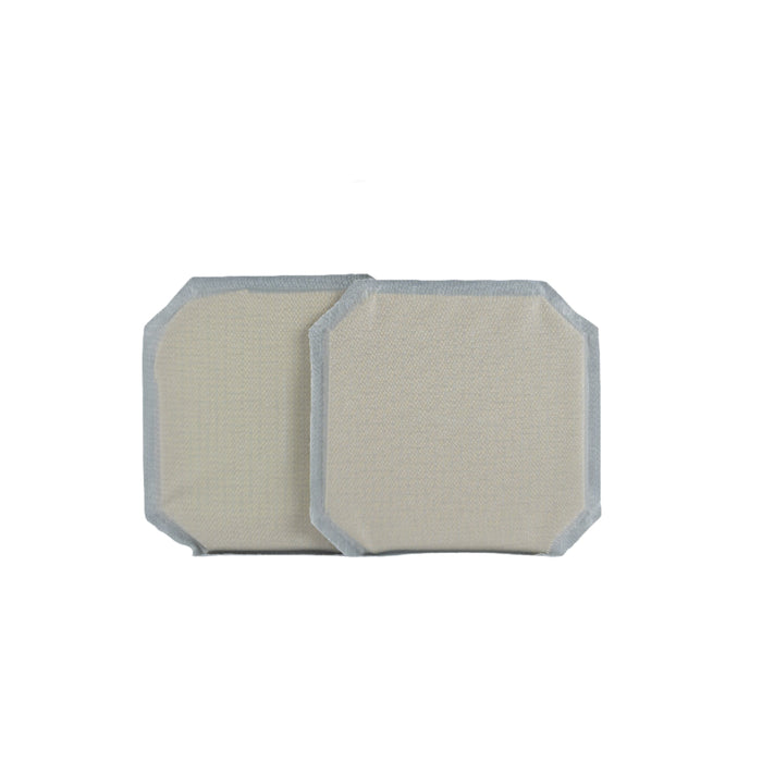 Two rectangular beige adhesive patches with rounded corners and gray borders, the Premier Body Armor 6x6 Cummerbund Armor Set, are placed side by side on a white background, designed to meet NIJ ballistic standards.