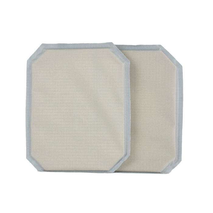 Two rectangular beige pads with grayish borders, the 6x8 Cummerbund Armor Set by Premier Body Armor, are shown overlapping on a white background. With rounded corners and soft texture, they offer Level IIIA ballistic protection.