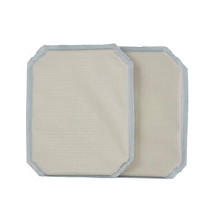 Two rectangular beige pads with grayish borders, the 6x8 Cummerbund Armor Set by Premier Body Armor, are shown overlapping on a white background. With rounded corners and soft texture, they offer Level IIIA ballistic protection.