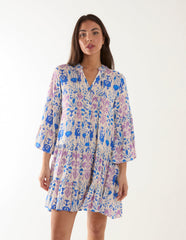 Pin Tuck Tiered Abstract Smock Dress