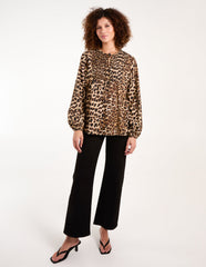 Leopard Print Shirred Front Tie Neck Blouse