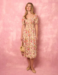 Milkmaid Floral Puff Sleeve Shirred Midi Dress