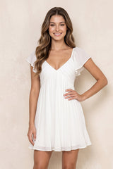 A-Line Ruched Chiffon Cap Sleeves Mini Dress in White