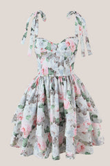 A-line Vintage Rose Printed Lace-up Cotton Mini Dress