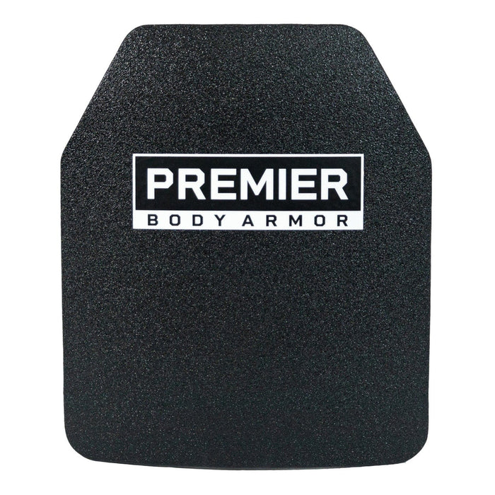 A single Agile IIIA Speed Plate from Premier Body Armor, featuring a black ballistic design with a textured finish and a white "Premier Body Armor" label centered at the top. This lightweight plate has slightly rounded bottom edges and angled sides at the top, providing both optimal protection and comfortable wear.