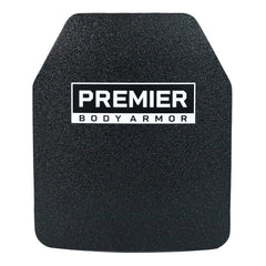 A single Agile IIIA Speed Plate from Premier Body Armor, featuring a black ballistic design with a textured finish and a white "Premier Body Armor" label centered at the top. This lightweight plate has slightly rounded bottom edges and angled sides at the top, providing both optimal protection and comfortable wear.