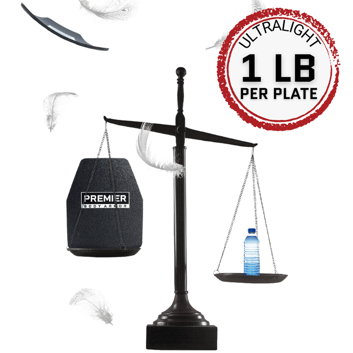 A black balance scale holds a Premier Body Armor Agile IIIA Speed Plate on one side and a plastic water bottle on the other. Feathers float in the air, and a red badge reads “Ultralight 1 lb per plate.” The scale tilts slightly toward the bottle.