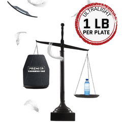 A black balance scale holds a Premier Body Armor Agile IIIA Speed Plate on one side and a plastic water bottle on the other. Feathers float in the air, and a red badge reads “Ultralight 1 lb per plate.” The scale tilts slightly toward the bottle.
