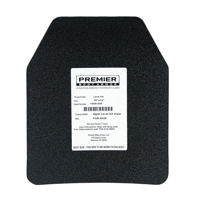 A rectangular black Agile IIIA Speed Plate by Premier Body Armor, lightweight with angled top corners and a central white label displaying product information, specifications, and contact details. This Level IIIA armor plate is engineered to provide maximum protection while maintaining superior mobility.