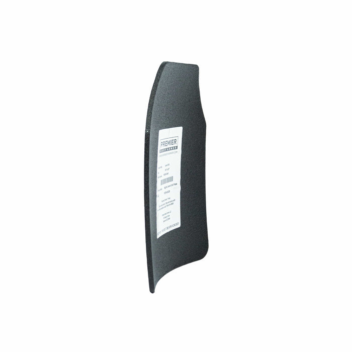 A single rectangular, black Agile IIIA Speed Plate by Premier Body Armor is shown standing upright on a white background, featuring a white label attached to the front—this lightweight SAPI plate utilizes advanced polyethylene construction for enhanced ballistic protection.