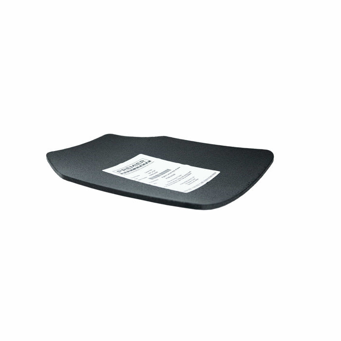 A black, rectangular Premier Body Armor Agile IIIA Speed Plate with a white information label on top, photographed on a white background. The polyethylene SAPI plate appears slightly curved and has a textured surface, exemplifying lightweight body armor construction.