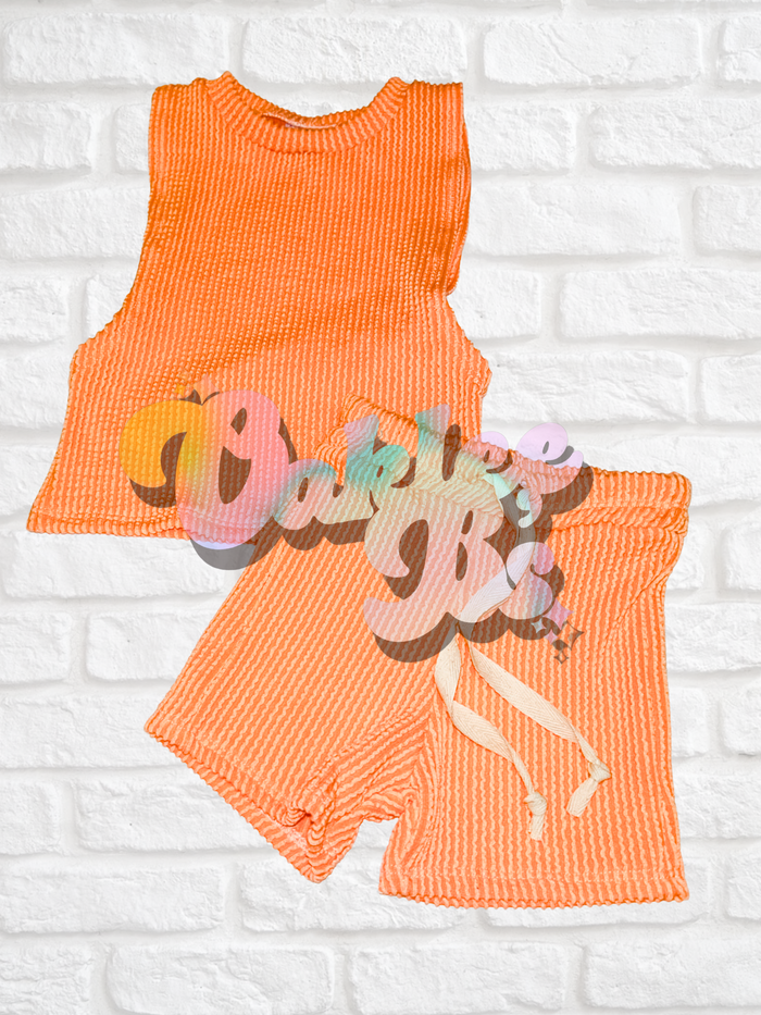 Bright Orange Creed Tank & Surf Shorts