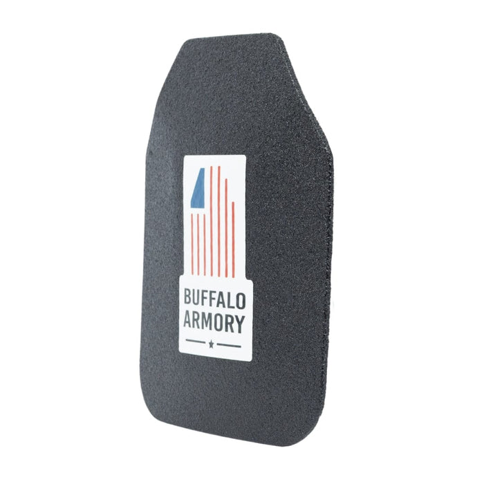 The Buffalo Armory STAR Multi-Curve Level III+ Plate by Premier Body Armor is a black, rectangular SAPI plate with angled top corners and a distinctive logo, designed for reliable ballistic protection, shown against a white background.
