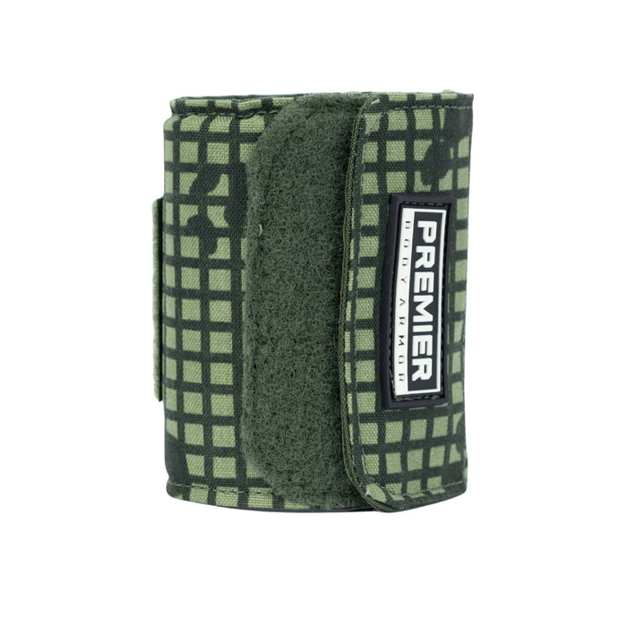 A limited edition 2026 Bulletproof Can Cooler by Premier Body Armor, shown upright against a white background, features green Desert Night Camo with grid pattern, Velcro closure, and a rectangular "Premier Body Armor" label on the front.
