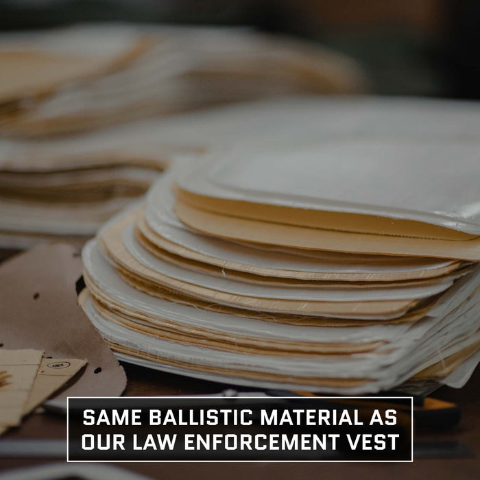 A close-up of stacked ballistic sheets with text overlay: "Premier Body Armor Level IIIA Insert for 5.11 Rush 24/72 Pack—same para-aramid ballistic core as our law enforcement vest.
