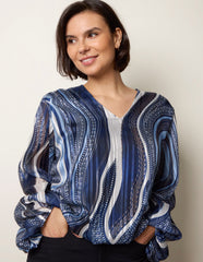 Swirl And Dot Print V Neck Metallic Blouse