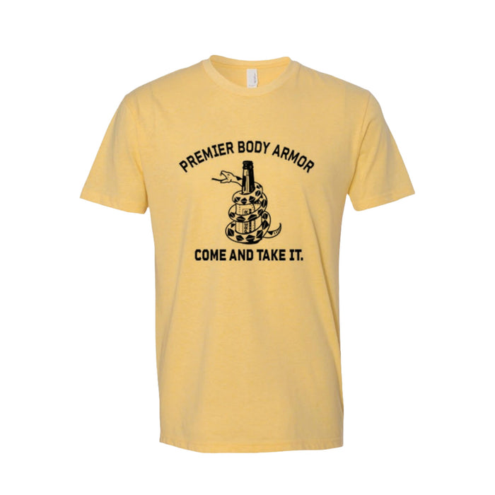 Premier Body Armor's Come and Take It T-Shirt available in yellow with black font.
