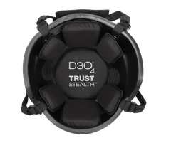 Top view of a black tactical helmet with D3O branding featuring the D3O Stealth Helmet Pad System. It provides impact protection with padded compartments for comfort and safety, plus adjustable straps for a secure fit.