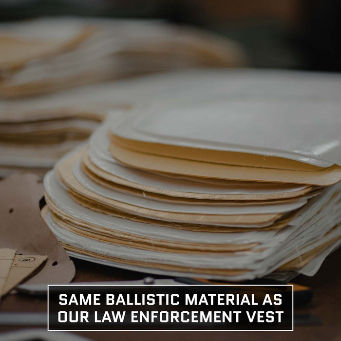 A stack of layered ballistic materials on a table with the caption, "Same ballistic material as Premier Body Armor Eberlestock Fade Sling Level IIIA Armor Insert," in bold white text at the bottom.