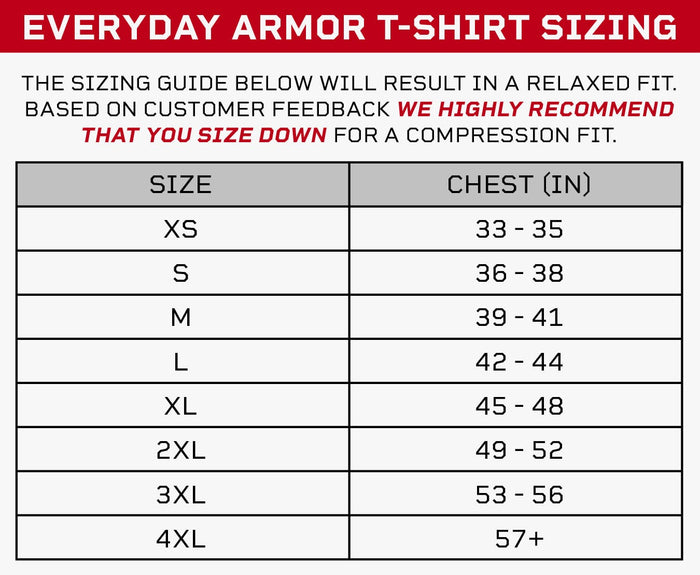 The Premier Body Armor Everyday Armor T-Shirt 360 (Armored) size chart ranges from XS (33-35") to 4XL (57"+). For a compression fit or 360° protection, size down. Sizes: XS-4XL, chest measurements in inches.