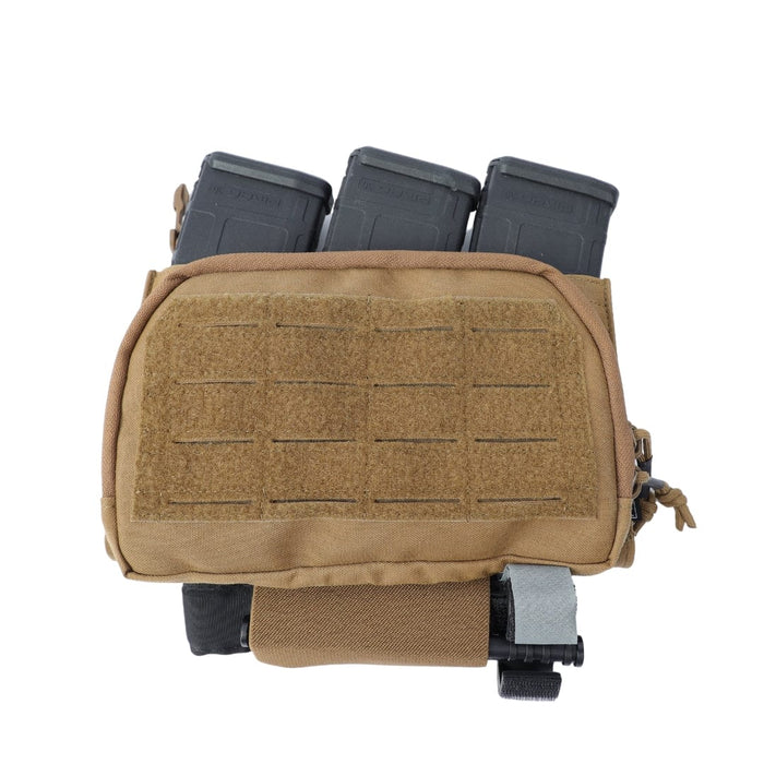 The Premier Body Armor Fortis Pro Placard (556/39) is a tan tactical AR-15 mag pouch with a laser-cut grid, hook-and-loop panel, Kydex retention, zipper closure, bottom strap, and clip; holds three black rifle magazines.