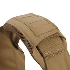 Close-up of the Fortis Shoulder Pads by Premier Body Armor, featuring a tan-colored strap with reinforced stitching, breathable mesh padding, and Velcro patches for easy attachment. The durable fabric is designed for heavy-duty applications, making these pads an excellent option for law enforcement personnel—particularly those who can take advantage of a special law enforcement discount.