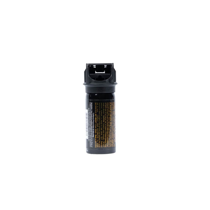 A black Fox Labs One Point Four 1.5oz pepper spray canister with a safety top and detailed label is shown against a white background.