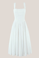 Lace Corset A-Line Cotton Midi Dress in White