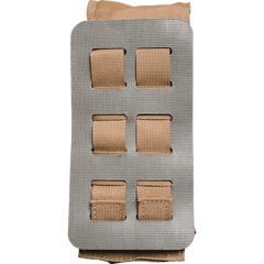 The Vertx Molle Adaptor Panel - Double is a khaki-colored fabric pouch featuring a grey, grid-like frame on the front. This frame consists of four rows and three columns of rectangular openings, forming twelve compartments in total. Made from durable material, it integrates seamlessly with the MOLLE Adapter Panel System.