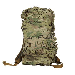 The OPE Gear Backpack Scrim - Camouflage Pack Cover by OPE Gear features a Multicam cut-out netted cover with brown shoulder straps and mesh lining, crafted from durable Cordura nylon, shown isolated on a white background.