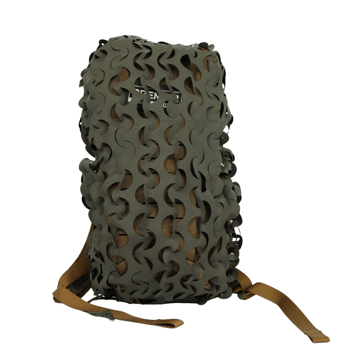 The OPE Gear Backpack Scrim - Camouflage Pack Cover by OPE Gear in Ranger Green features a rugged Cordura nylon design with irregular cutouts, tan shoulder straps, and a side mesh pocket—ideal for outdoor adventures.