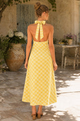 Plunge A-Line Vintage Plaid Printed Midi Dress in Yellow