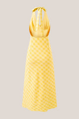 Plunge A-Line Vintage Plaid Printed Midi Dress in Yellow