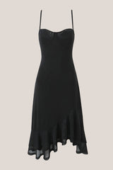 Ruffled A-Line Spaghetti Straps Midi Dress in Black