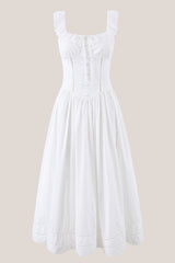 Ruffled Square Neck A-Line Cotton Midi Dress in White