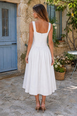 Ruffled Square Neck A-Line Cotton Midi Dress in White