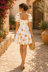 Ruffled Square Neck Warm Rose Print Cotton Mini Dress in White