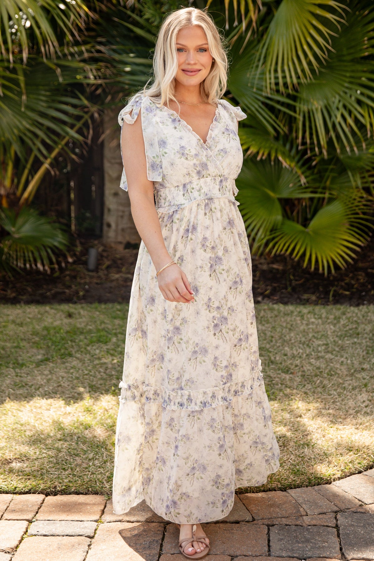 Vintage Bloom Floral Ivory Tie Strap Maxi Dress