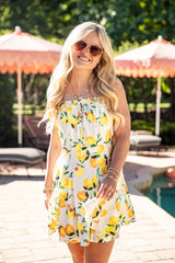 Coastal Citrus Yellow Lemon Print Mini Dress