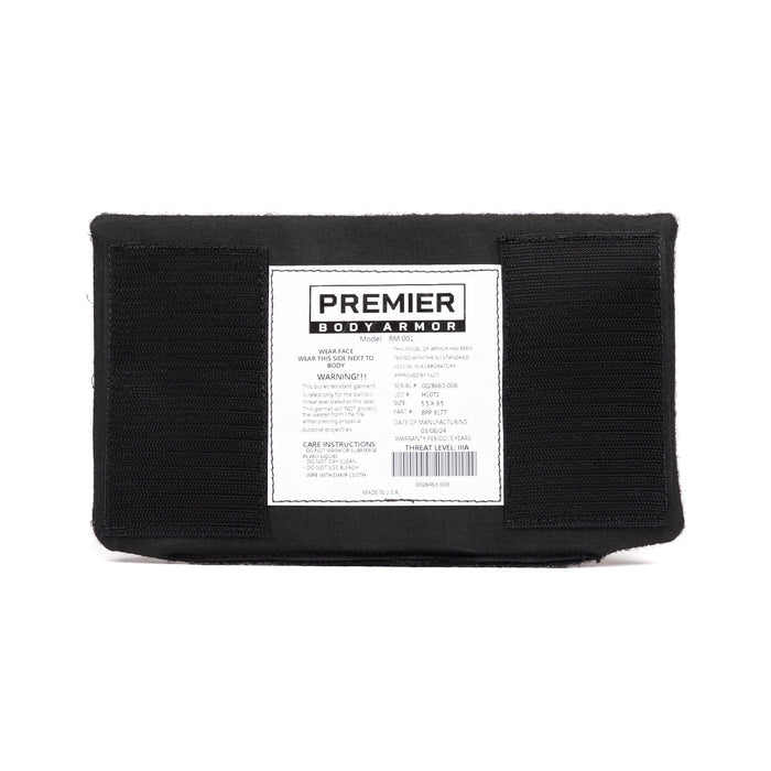 A black rectangular SOE FUPA XL Level IIIA Insert with a white label in the center, branded "Premier Body Armor," featuring care instructions and safety warnings. The label contains text detailing the model, size, threat level IIIA body armor specifications, and manufacturing information.