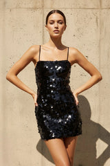 Spaghetti Straps Sequins Mini Dress in Black